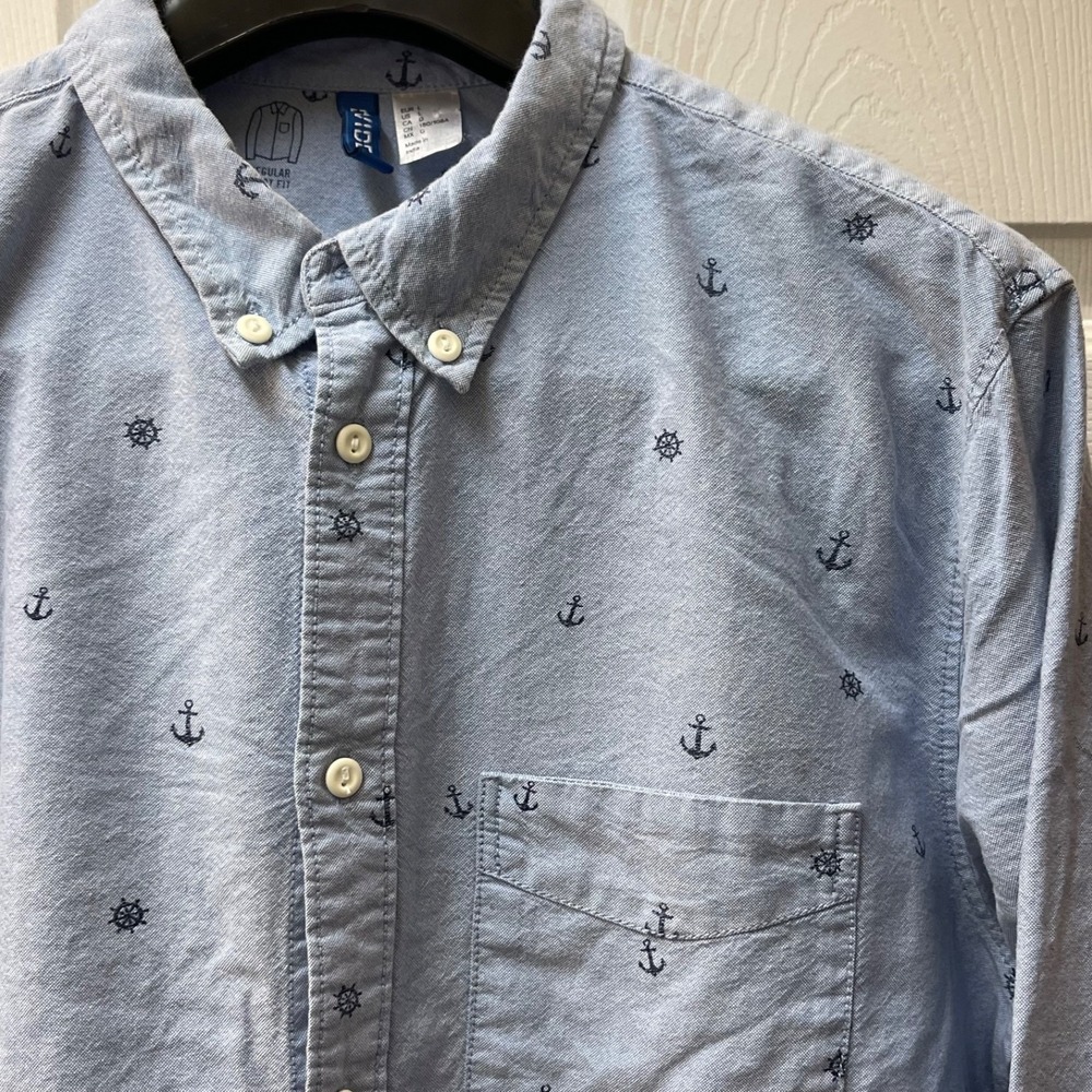 H&M Men's Large Button Front Shirt‎ Naval Nautical Anchor Print Blue Cotton